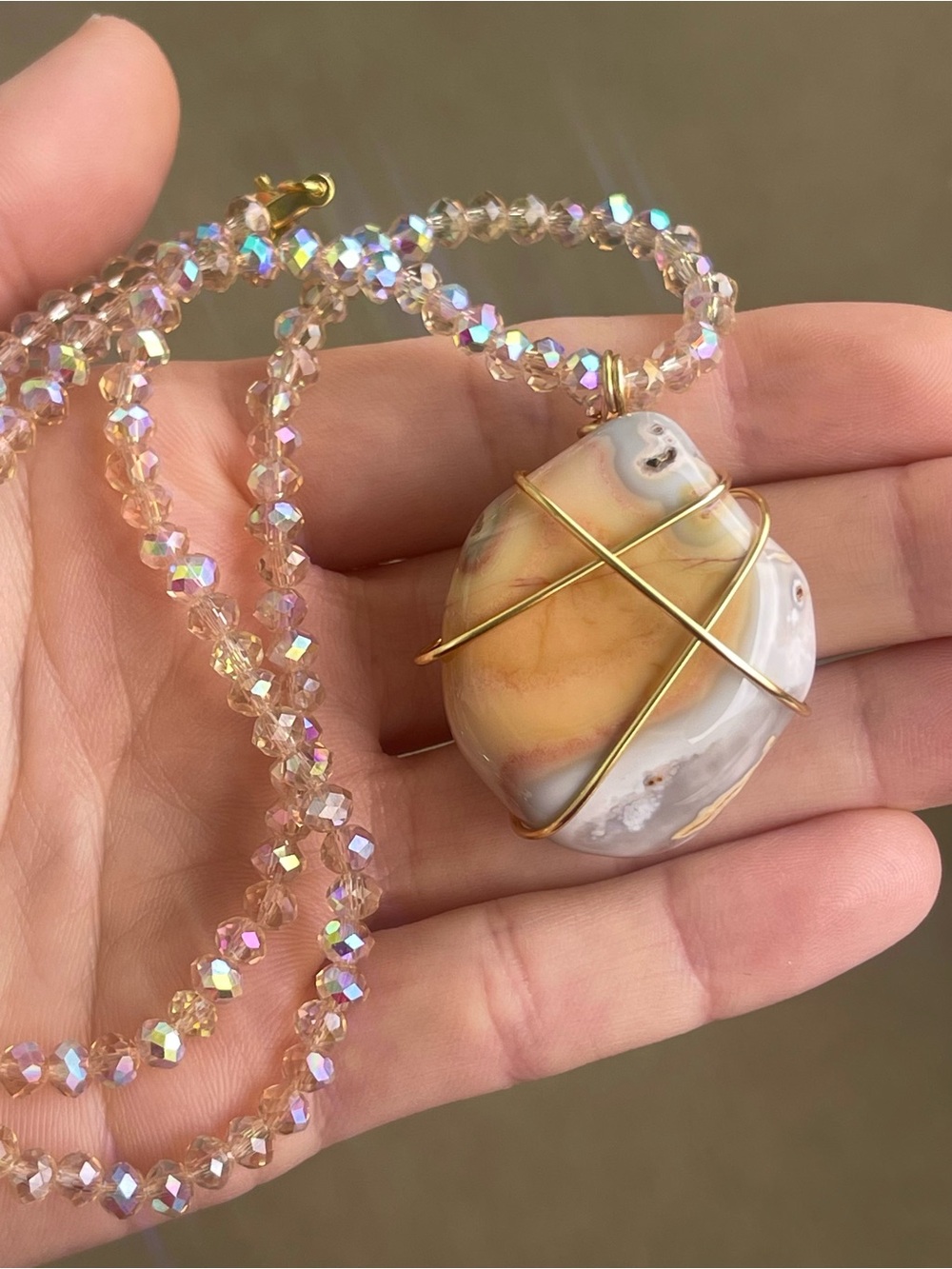 Orange African Agate Gold Tone Wire Wrap on Champagne Glass Beads Handmade